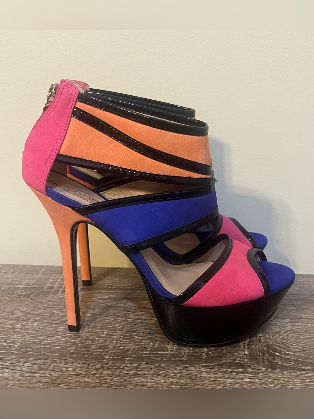 Biondini Colorblock Heels Women's Size 7 Made in Brazil Orange Blue Pink
